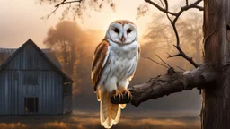 back to the camera a barn owl sitting on the tree branch and looks into the room's window the village house , mystic fog, autumn, rain, little light, sunset, high detailed, sharp focuses, photorealistic, perspective, cinematic, dramatic vibe