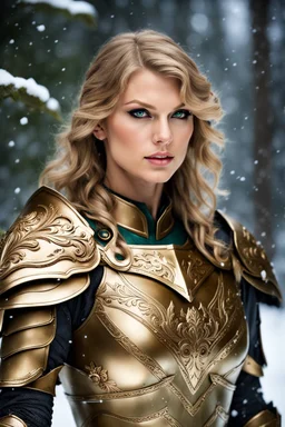 Photography fantasy art,beautiful Taylor Swift as a woman valkyrie,beautiful woman, golden armour, snow background, green eyes,