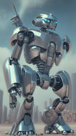 chrome robot with missile arm, robot army in the background