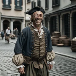 menacing 18th century fisherman in a modern street, pale, large and muscular with sharp teeth smiling