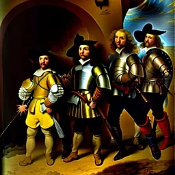 oil portrait of The Three Musketeers and d'artagnan with armor by Rembrandt 8k