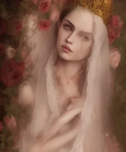 veil head Arab Princess, covered chest, long hairs black eyes no top with roses, 8k resolution