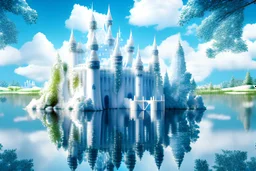fairy big white gold castle with white trees, water background, many stars in blue sky with fairy
