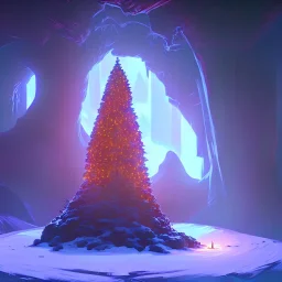 Christmas tree inside a volcano with donuts on the tree, hyper realistic, photography, rays, amazing lighting