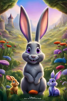 Movie poster for a Disney-Pixar movie about a giant gray flemish giant rabbit with purple eyes named Amie