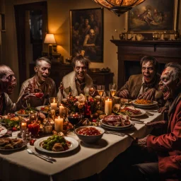 Photograph of a happy year-end dinner of a clique of zombie creatures in hypermaximalist style, photorealism