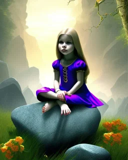 A young vampire girl sitting on a great stone throne