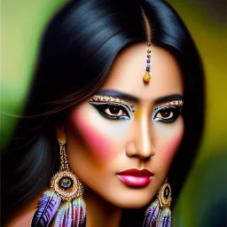 Ultra detailed fullbody Portrait in oil on canvas of beautiful female apache with feathers,extremely detailed digital painting,ultrarealistic skin,intense stare, extremely detailed face, crystal clear eyes, mystical colors ,perfectly centered image, perfect composition, rim light, beautiful lighting,masterpiece ,8k, stunning scene, raytracing, anatomically correct, in the style of Simon Bisley and uncannyknack and Ohrai Noriyoshi and robert e howard and Steve Jung.