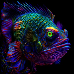 Portrait of a Humanoid fish, Hyperdetailed, hyper realistic, dark fantasy intricate, bright background, complex lighting, scales, red, blue, yellow, purple, green,