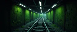 Inside the old subway tracks, . Low light and closed green moss walls. Like the original design of the game space ,digital art.landscape,far camera old painting,2 Chen and George Hopper, Rembrandt lighting, a dark green color scheme, ethereal light. --ar 13:16 --v 6. 0
