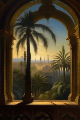 Fenster Ausblick auf persische Stadt mit Palmen aus 1001 Nacht