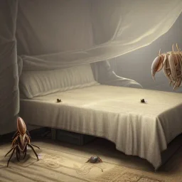 large, humanoid cockroach on a bed under a bedsheet, 8k resolution, high-quality, fine-detail, intricate, detailed matte, digital art, volumetric lighting, illustration, 3D octane render, brian froud, howard lyon, selina french, anna dittmann, annie stokes, lisa parker, greg rutowski