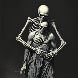 The image is a dark, haunting, monochromatic artwork that portrays a skeletal figure embracing or overpowering a human-like strong male figure. The skeletal entity looms from behind, its bony arms wrapped around the human, who appears to be partially draped in tattered cloth and in a state of despair or submission. ...