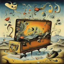 Enhanced surrealism, nightmare pouring from open salesman briefcase contrivances, unregulated absurdity, by Desmond Morris and Johfra Bosschart, mind-bending surreal double exposure image, zig-zag weirdlings, classic surreal elements, by Salvador Dali and Joan Miro