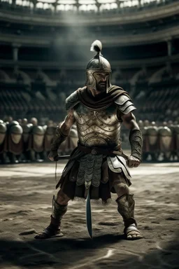 A white male muscular armored Gladiator in the dusty filled arena of ancient Rome . He has a special Celtic armor on. He is wearing no helmet. He has battle scars. He is holding a broadsword.He is victorious over many. He is facing straight ahead. There are body’s of other vanquished gladiators laying lifeless on the ground around him.