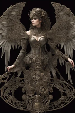 From above, steampunk delicate metal woman, wings, black background