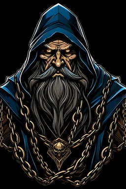 Vector Art, Front View, Sorcerer , stylized, Up close, half skin, black background, chains around body,