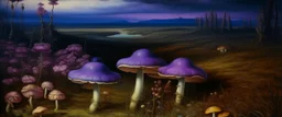 Violet marshlands with toxic glowing mushrooms painted by Albrecht Durer