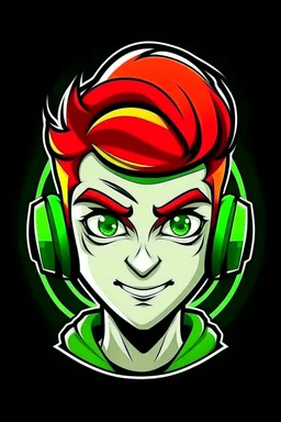 Gaming yuong man with red green hair and bright white eyes avatar logo design