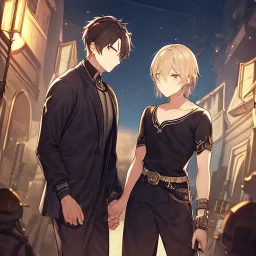 anime couple with day on one side night on the other, stormy night on one half, sunny day on the other half,ballancing scale, couple is standing back to back, male is looking at his watch that is placed on his wrist