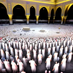 The scene in Mecca: People wearing white Ihram clothes, men without head coverings, women with veils, circumambulating around the Kaaba, and above them are transparent white spirits of children, men, and women with wings revolving around the Kaaba.