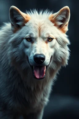 photorealistic, 4k, hyperdetailed White wolf with hackles raised and lip curled