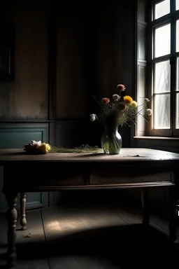 an old creepy room with bouquet of flowers on a table