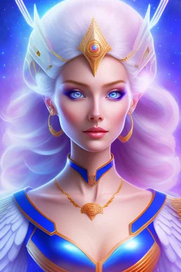 young cosmic woman admiral from the future, one fine whole face, large cosmic forehead, crystalline skin, expressive blue eyes, blue hair, smiling lips, very nice smile, costume pleiadian