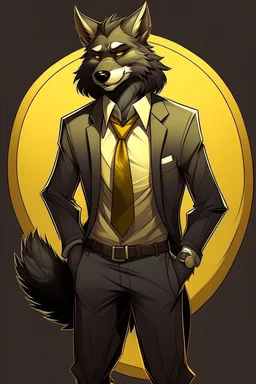 Buff, anthro, wolf, himbo, black fur, gold eyes, wearing a suit, full-body