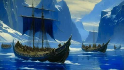 An indigo icy fjord with Viking ships designed in medieval tapestry painted by Birge Harrison