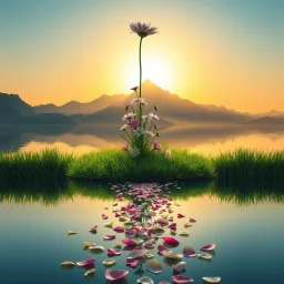 A surreal and dreamlike landscape featuring a single majestic [flower type] rising above a cluster of similar blooms. The flowers grow from a patch of vibrant green grass that floats atop a reflective water surface. Scattered petals extend across the water like a path, leading the viewer’s eye into the distance. In the background, shadowy mountains loom under a golden-yellow sky, casting a warm, ethereal glow. The water reflects the flowers, petals, and mountains, enhancing the mystical atmosphe