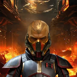 star wars bald male corellian jedi wearing gunmetal grey and black old republic armored flightsuit with gold and metallic red trim inside the jedi temple, centered head and shoulders portrait, hyperdetailed, dynamic lighting, hyperdetailed background, 8k resolution, volumetric lighting, light skin, fully symmetric details