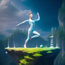 levitating alien yoga artist on a plattform in the air, lavo background , levitated lab equipment, 4k, Highly Detailed, Masterpiece, perfect eyes, Digital Illustration, Cinematic Lighting, Realistic, Sharp Focus, Centered, Beautifully Lit, Bioluminescent by Stanley Artgerm Lau