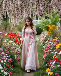 create a video , in a pretty nature of conuntry side a big mas of ramdom pretty flowers fall down and a beautiful lady in victorian clothing comes out and walks with cute in the flowers garde