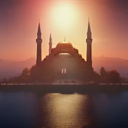 Sultanahmet standing back to back under sky, landscape lake, sunset, illustration concept art anime