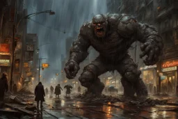 gigantic surreal eyeless golem with extended limbs crashing wildly through a city's streets damaging buildings, nighttime in a windy rainstorm hurricane, by Ruan Jia, by Frank Frazetta, by Jeremy Mann, fantastic horror art, hyperrealism, dramatic, kinetic, eerie dark primary colors, unreal engine 5, intricate complex detail, mindbending art.