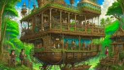 steampunk gipsy caravan crossed with a boat flying high over a jungle with platforms, verandas, and people, intricate