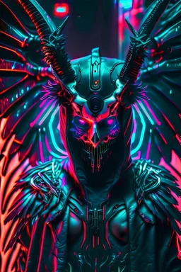 Cyberpunk angel of death, terryfing mask, neon coloristic, black outfit, black wings, cybernetic horns, silver hand, photo from far