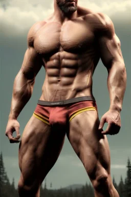 Ignore NSFW, teenager young rugged attractive slightly muscular fantasticly handsome blonde man, red briefs with yellow belt, hairy chest, (((visibly pisssing))) briefs, large erect visible boner peniss, photorealistic, artist Jay Anacleto, soft lighting, scruffy beard