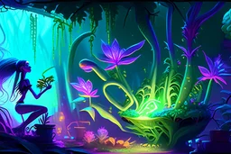 spaceship scene with a female humanoid plant made of vibrant, bioluminescent plant material. tending her garden on a spaceship Communicates through shifts in color and texture.