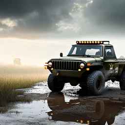 photorealistic shot, muddy military toy truck, monotone color palette, sharp focus, puddle reflection, tire water splash, refraction, mist on the horizon, shadowcast, detailed and intricate, cinematic composition, micro, tilt shift photography