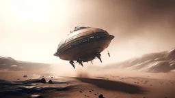 cinematic, a highly detailed spaceship flying above mars, image capturing the dynamic and implied movement, establishing shot, sand - storm, mars desert, peach light, movie still, Phantom High-Speed Camera style raw