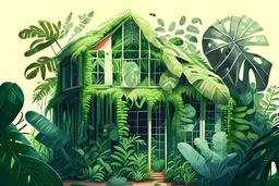 House illustration, realistic, detailed, illustrative, childrenbook style, green house, jungle plants