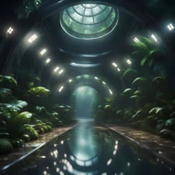 a lecture on alien anatomy in dark lit reflective wet jungle metallic hall dome hotel tunnel, in the style of a game,bokeh like f/0.8, tilt-shift lens 8k, high detail, smooth render, down-light, unreal engine, prize winning