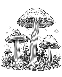 mushroom world minimalistic landscape. line art, background, vector, svg, coloring book page style, black outline on white background