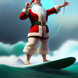 Santa standing of surfboard surfing a big wave, empty hands, beach, character design by cory loftis, fenghua zhong, ryohei hase, ismail inceoglu and ruan jia. unreal engine 5, artistic lighting, highly detailed, photorealistic, fantasy