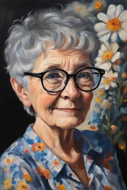 Oil paint on canvas, chiaroscuro, deep shadows, masterpiece, happy, 2020 caught off guard, 79-year-old Phyllis Kendall, short pixie-cut, shag-cut straight, dark salt and pepper hair, overweight, blue eyes, great big, round lensed eyeglasses, wearing a black, floral print, short-sleeved, pull-over shirt, dark blue sweatpants, sitting at the computer checking her emails