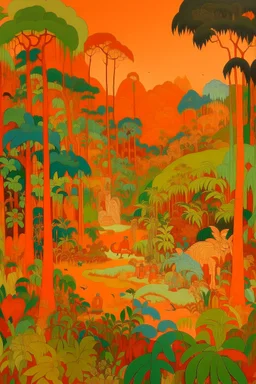An orange colored jungle with an arena painted by Qiu Ying