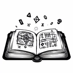 Make black and white cute drawing of a Spellbook with black bold lines. Only outline, no grayscale. A thick, glowing book with intricate designs on its cover. Show magical symbols and runes floating above the open pages, and surround it with tiny glowing motes of light.