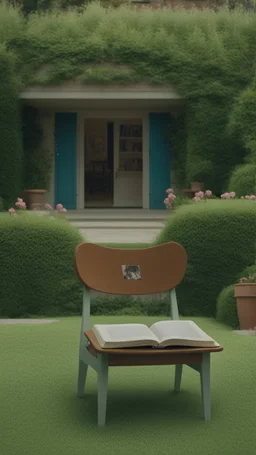 Empty chair of an academic in a garden [snapshot of Russian Doll TV series by Natasha Lyonne, Leslye Headland, and Amy Poehler, (2019)] In front of the chair, there a book of mathematics on the chair in the middle of a French garden